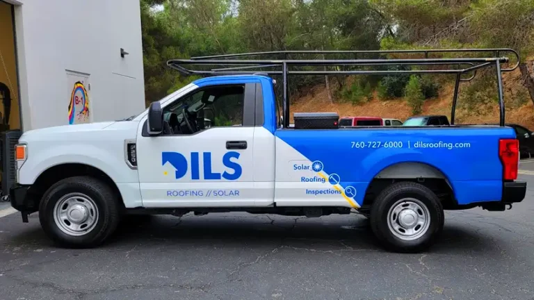 DILS Roofing & Solar branded pickup truck wrap by Innovative Sign Systems, parked in Vista, CA