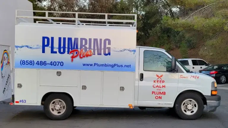 White Plumbing Plus service van with blue and red wrap by Innovative Sign Systems, parked in Poway, CA