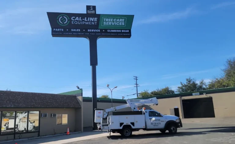 Cal-Line Equipment pylon sign installation in National City, CA by Innovative Sign Systems truck on site.