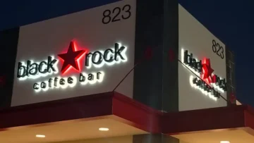 "Black Rock Coffee" Halo-Lit Reverse Channel Letters in Vista, CA Black Rock Coffer Halo Channel Letters, Vista, Ca