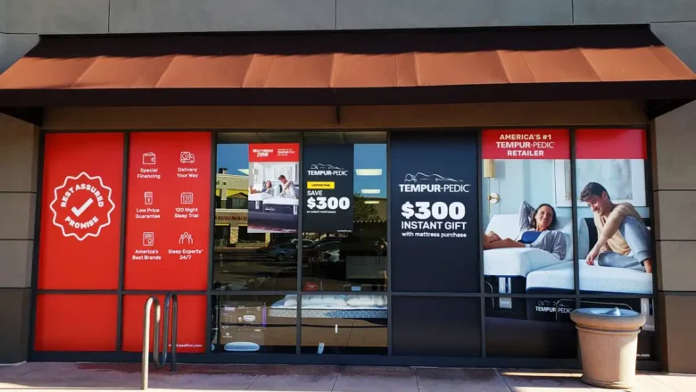 Mattress Firm storefront in Temecula featuring promotional window graphics highlighting mattress sales and branding