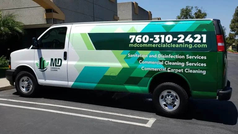 Green and white MD Commercial Cleaning van wrap by Innovative Sign Systems parked in Oceanside, CA