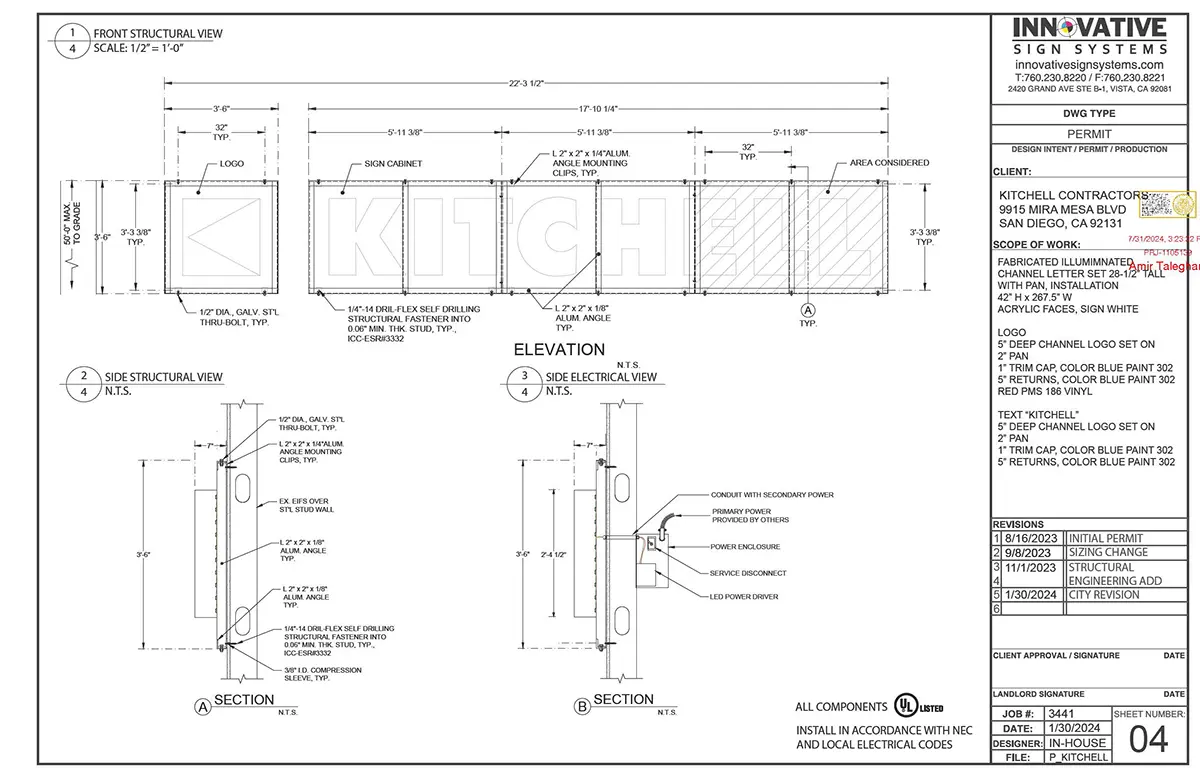 Innovative Sign Systems — KITCHELL Channel Letter Sign (9575 Mira Mesa Blvd.) Channel-letter sign spelling "KITCHELL" mounted to storefront; 2'-6" tall letters with 5" depth, aluminum returns, clear Lexan backs, and internal LED raceway.